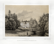135908 Gezicht op de voorgevel van het huis Broekhuizen bij Leersum in het omringende landschapspark.